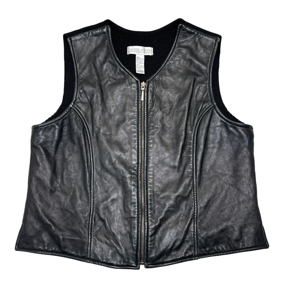 Vintage Valerie Stevens Vest Womens Large Black Lambskin Leather Knit Zip Up 90s
